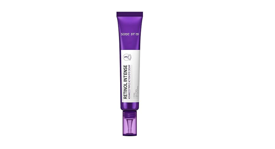 Some By Mi Retinol Intense Advanced Triple Action Eye Cream in a purple tube, designed to soften fine lines and boost skin elasticity.
