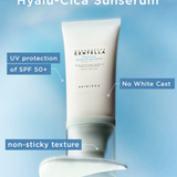 A promotional image of Skin1004 Madagascar Centella Hyalu-Cica Water-Fit Sun Serum highlighting its SPF 50+ protection and non-sticky texture, ideal for daily sun care.