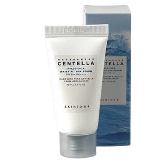 Skin1004 Madagascar Centella Hyalu-Cica Water-Fit Sun Serum Mini, a lightweight sunscreen in a sleek tube, perfect for on-the-go moisturizing and UV protection with SPF 50+ PA++++.