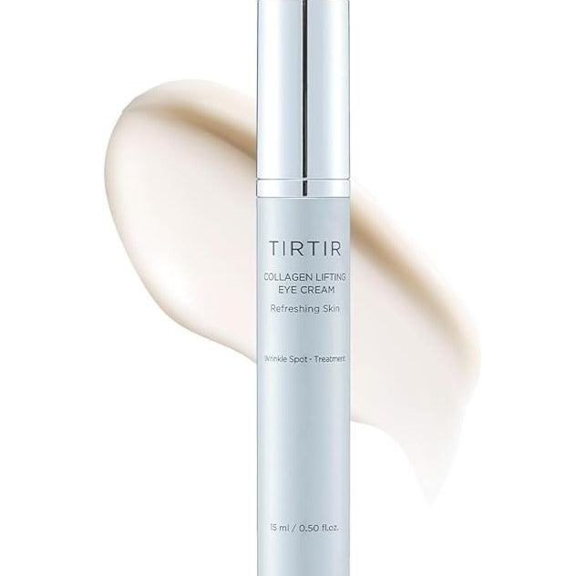 A view of TIRTIR Collagen Lifting Eye Cream next to a creamy product swatch, showcasing its hydrating properties for skin rejuvenation.