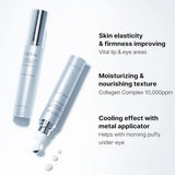 Close-up of TIRTIR Collagen Lifting Eye Cream with features highlighting its moisturizing texture and cooling applicator benefits for puffiness.