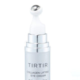 A model's hand applying TIRTIR Collagen Lifting Eye Cream, demonstrating the product's easy usage and skin care routine integration.