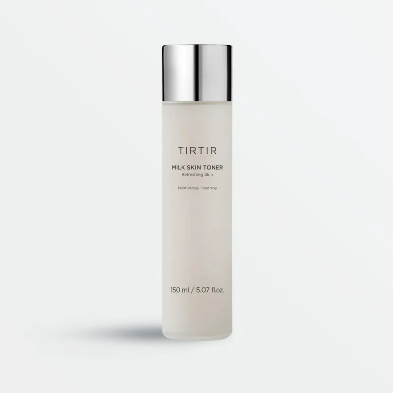 Larger version of Tirtir Milk Skin Toner displayed in a clear frosted bottle, emphasizing its nourishing and soothing formula for a radiant complexion.