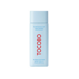 Tocobo Bio Watery Sun Cream SPF50+ PA++++ bottle in a light blue color with red lettering, highlighting its ingredients such as Hyaluronic acid and Seed Extract.