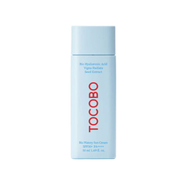 Tocobo Bio Watery Sun Cream SPF50+ PA++++ bottle in a light blue color with red lettering, highlighting its ingredients such as Hyaluronic acid and Seed Extract.