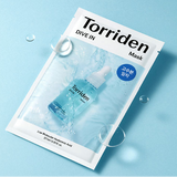 Single sheet of Torriden Dive-In Mask positioned on a pastel blue background, showcasing the hydrating mask and its soothing properties.