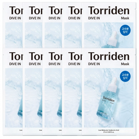 Close-up of the Torriden Dive-In Mask Pack showing multiple individual masks, emphasizing the water-like design and beneficial ingredients for deep hydration.