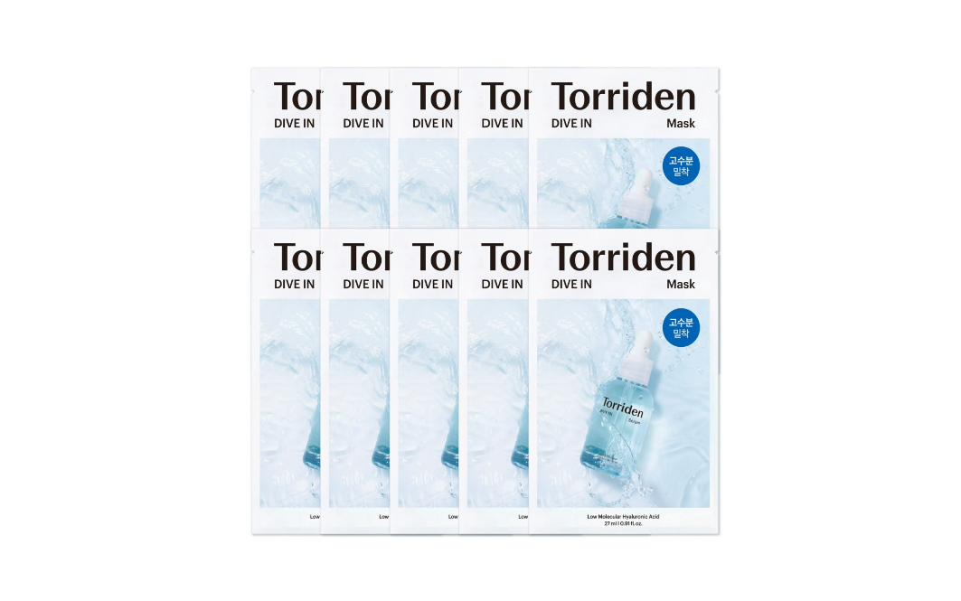 Torriden Dive-In Low Molecule Hyaluronic Acid Mask Pack featuring multiple sheet masks arranged in a neat display, highlighting the product's hydrating benefits.