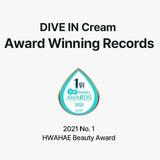 Graphic displaying the award-winning status of Torriden's Dive-In Cream, highlighting its achievement in the HWAHAE Beauty Awards 2021.