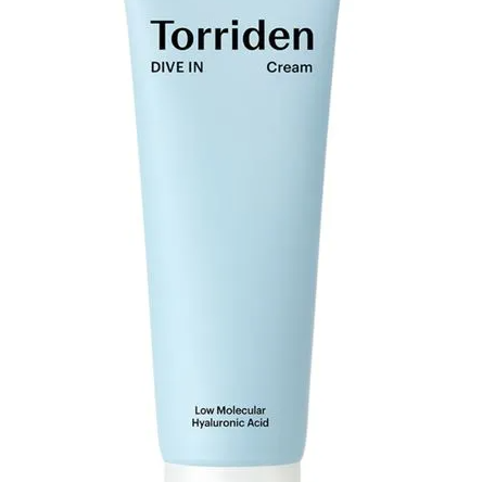 Front view of Torriden Dive-In Low Molecular Hyaluronic Acid Cream tube, showcasing its soothing pastel blue exterior.