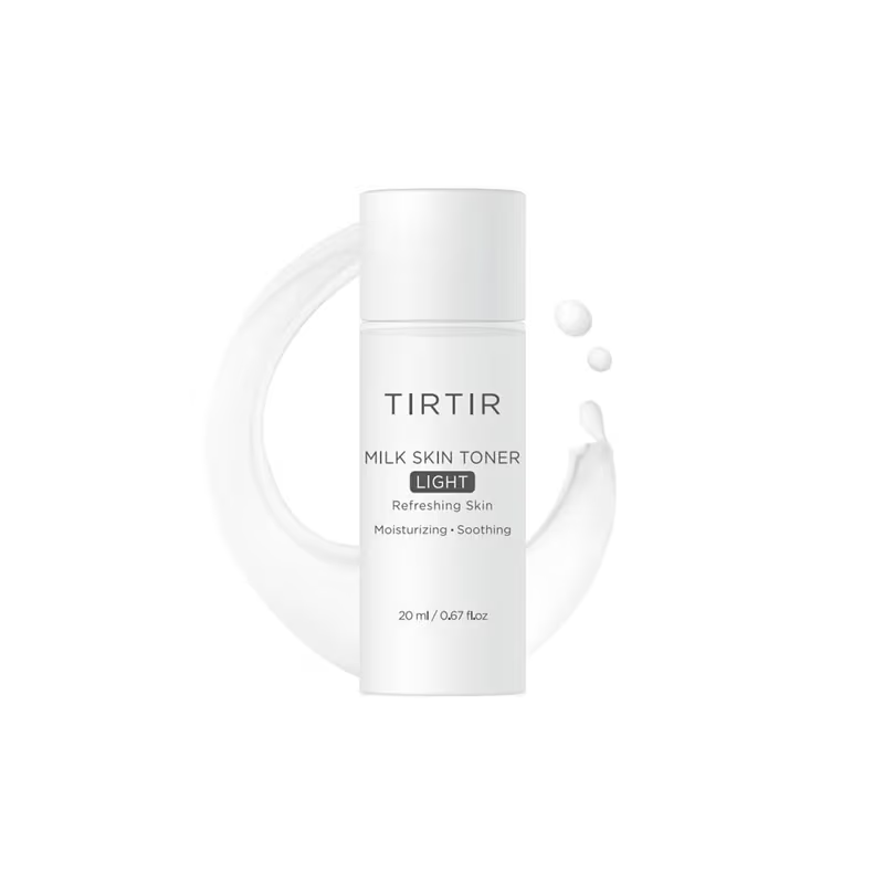 Compact Tirtir Milk Skin Toner Light in a white bottle, designed for refreshing skin with moisturizing and soothing benefits for on-the-go skincare.
