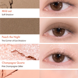 A detailed color chart from rom&nd showcasing Fresh Peach, Dew It Peach, and Bare Apricot, along with matching eye looks for inspiration.