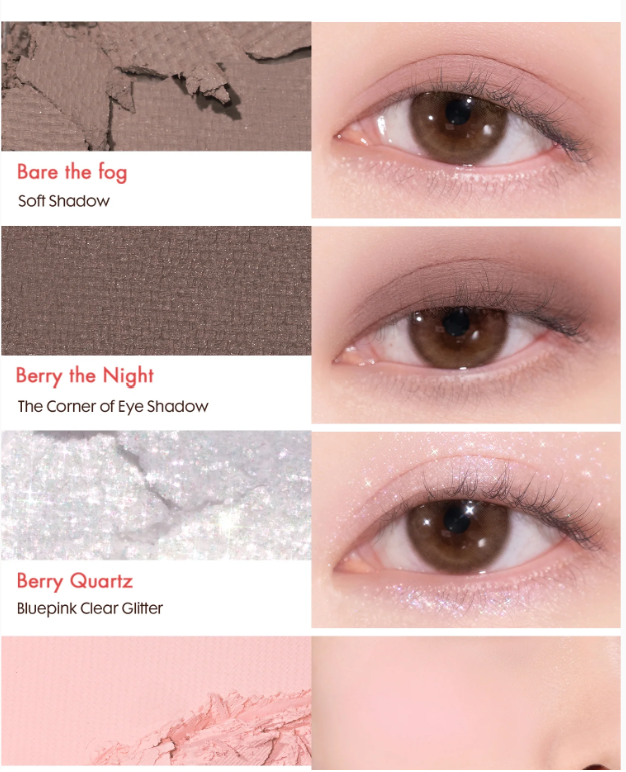 Color chart from rom&nd highlighting Fresh Berry, Strawberry Dew, and Bare Strawberry, complete with stunning eye representations.