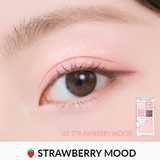 Close-up of an eye adorned with the rom&nd Strawberry Mood palette shade, radiating a vivid pink berry look that's sure to impress.