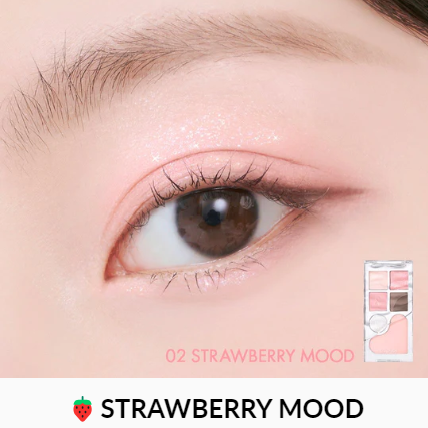 Close-up of an eye adorned with the rom&nd Strawberry Mood palette shade, radiating a vivid pink berry look that's sure to impress.