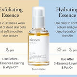 A beautifully designed chart comparing the exfoliating and hydrating benefits of Mixsoon Bean Essence, guiding users on perfect application for radiant skin.