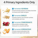 An infographic highlighting the four key ingredients of Mixsoon Bean Essence: fermented soybean, barley, pomegranate, and Korean pear, perfect for enhancing skin health.