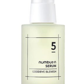 Numbuzin No.5 Goodbye Blemish Serum bottle featuring a sleek design and pump dispenser, ideal for effortless application.