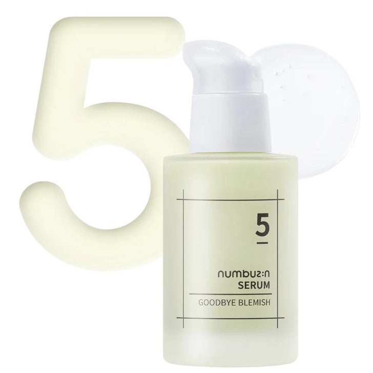 Numbuzin No.5 Goodbye Blemish Serum with a creative splash of serum overlaid on a translucent ‘5’, emphasizing its key product number and vibrant appeal.