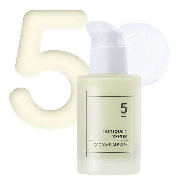 Numbuzin No.5 Goodbye Blemish Serum with a creative splash of serum overlaid on a translucent ‘5’, emphasizing its key product number and vibrant appeal.