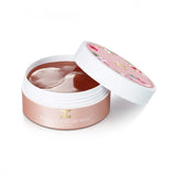 The lid of the JayJun Roselle Tea Eye Gel Patch jar is lifted, revealing the gel patches beneath. Ideal for hydration and brightening, these Eye Gel Patches add a touch of elegance to your skincare routine.