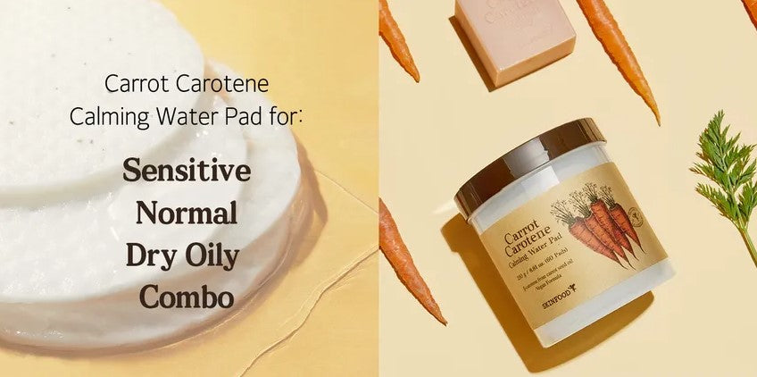 Skinfood Carrot Carotene Calming Water Pad shown in a vibrant lifestyle setting, promoting hydration for various skin types.