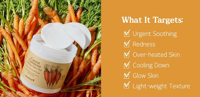 Skinfood Carrot Carotene Calming Water Pad with cotton pads and fresh carrots, detailing its effectiveness for redness and sensitive skin.
