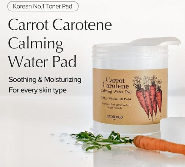 Skinfood Carrot Carotene Calming Water Pad with representative benefits including urgent soothing, cooling down over-heated skin, and enhancing glow.