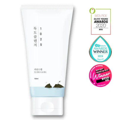 Round Lab 1025 Dokdo Cleanser packaging featuring a minimalist design and award stickers, showcasing its recognition in beauty awards.