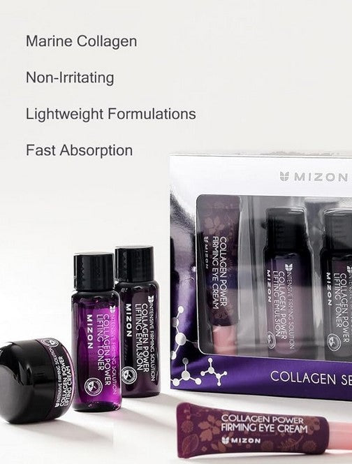 Mizon Collagen Mini Set emphasizing marine collagen benefits, accompanied by details on lightweight formulations, perfect for non-irritating skincare.