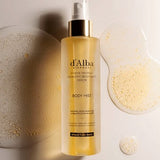 Flat lay of d'Alba hydrating body serum with natural extracts, illustrating the product's organic and soothing properties for healthy, radiant skin.