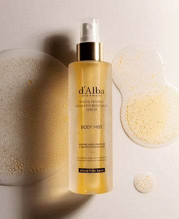 Flat lay of d'Alba hydrating body serum with natural extracts, illustrating the product's organic and soothing properties for healthy, radiant skin.