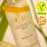 User applying d'Alba White Truffle Aromatic Body Mist Serum, emphasizing its lightweight feel and nourishing benefits as a hydrating body serum.