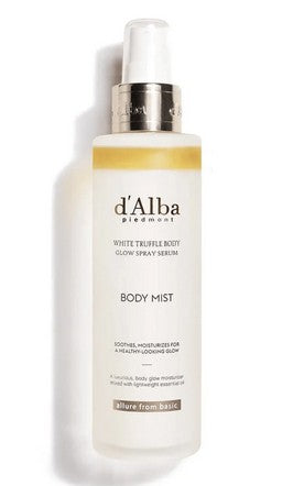 Close-up of d'Alba hydrating body serum bottle, featuring the luxurious vegan ingredients and Italian white truffle extract for skin rejuvenation.