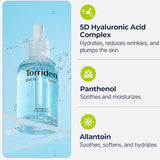 Informative image highlighting the benefits of Torriden Dive In Serum, detailing the 5D Hyaluronic Acid Complex and key soothing ingredients.