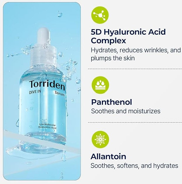 Informative image highlighting the benefits of Torriden Dive In Serum, detailing the 5D Hyaluronic Acid Complex and key soothing ingredients.
