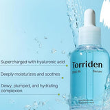 Visual showcasing the moisturizing and plumping benefits of Torriden Dive In Serum, with emphasis on hyaluronic acid and hydration.