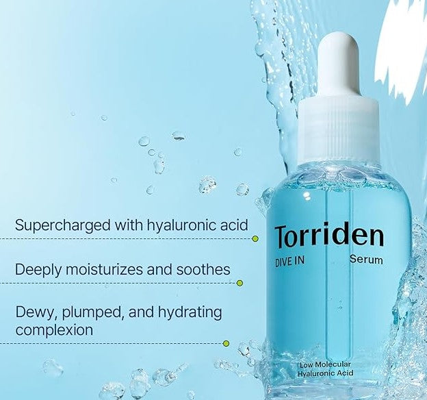 Visual showcasing the moisturizing and plumping benefits of Torriden Dive In Serum, with emphasis on hyaluronic acid and hydration.