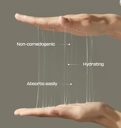 Two hands gently holding strands of the Jumiso Snail Mucin 95% + Peptide Essence, demonstrating its hydrating and non-comedogenic qualities!