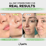 Jumiso - All Day Vitamin Pure C 5.5 Glow Serum showcasing real user results with side-by-side before and after photos displaying instant glow and reduction in hyperpigmentation.