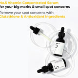 Two bottles of Numbuzin No.5 Vitamin Concentrated Serum on dish plates, highlighting their role in tackling big and small skin concerns.