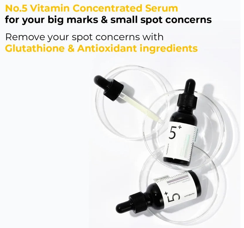 Two bottles of Numbuzin No.5 Vitamin Concentrated Serum on dish plates, highlighting their role in tackling big and small skin concerns.