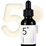 The Numbuzin No.5 Vitamin Concentrated Serum bottle with a glowing '5+' backdrop, showcasing its potency for skin radiance.