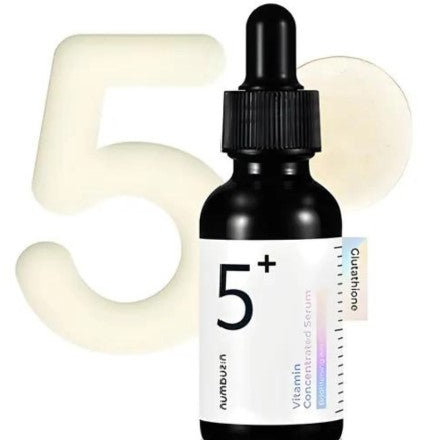 The Numbuzin No.5 Vitamin Concentrated Serum bottle with a glowing '5+' backdrop, showcasing its potency for skin radiance.