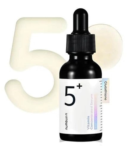 The Numbuzin No.5 Vitamin Concentrated Serum bottle with a glowing '5+' backdrop, showcasing its potency for skin radiance.