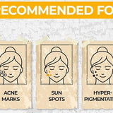 Illustration marking Numbuzin's No.5 Vitamin Concentrated Serum recommended for acne marks, sun spots, and hyperpigmentation.