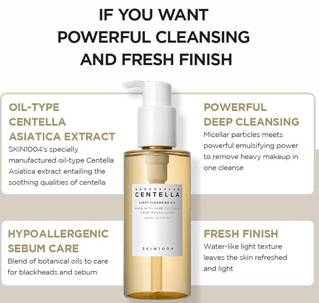 Skin1004 Madagascar Centella Light Cleansing Oil artistically placed on textured stone background, promoting its calming and hydrating benefits.