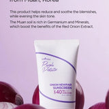 Isntree Onion Newpair Sunscreen SPF40 Pa+++ displayed alongside fresh red onions, showcasing its key ingredient that soothes and evens skin tone. A vital addition for those seeking anti-aging benefits.