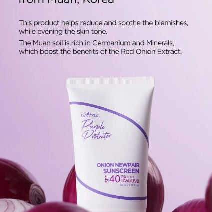 Isntree Onion Newpair Sunscreen SPF40 Pa+++ displayed alongside fresh red onions, showcasing its key ingredient that soothes and evens skin tone. A vital addition for those seeking anti-aging benefits.