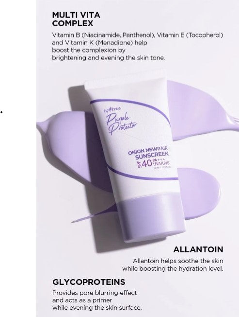 Isntree Onion Newpair Sunscreen SPF40 Pa+++ highlighted with information about its Multi Vita Complex formula, promoting a healthy glow and youthful appearance in your anti-aging skincare regimen.